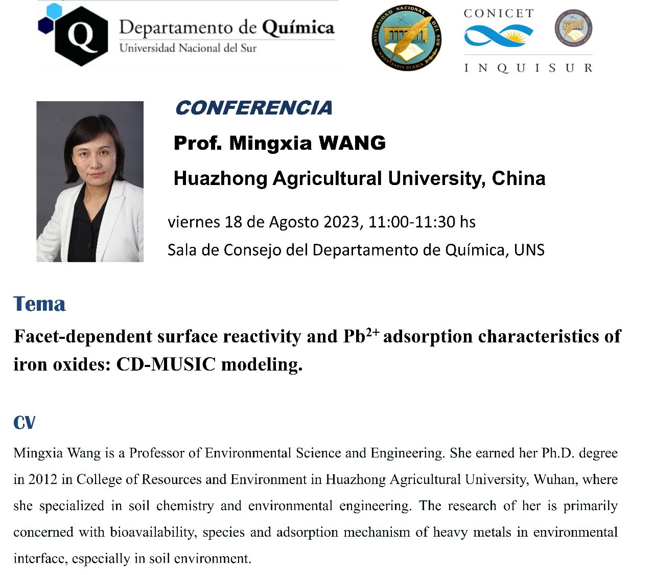 Conferencia Prof. Mingxia Wang - Viernes 18 Agosto 11:00hs a 11:30hs