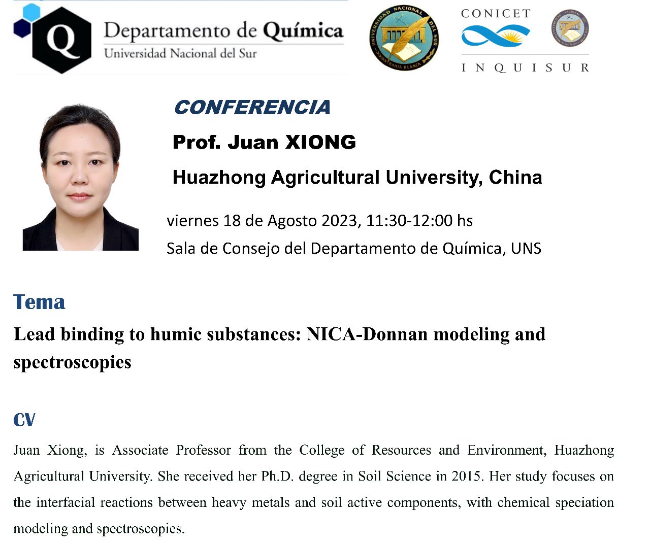 Conferencia Prof. Juan Xiong - Viernes 18 de Agosto de 11:30hs a 12:00hs